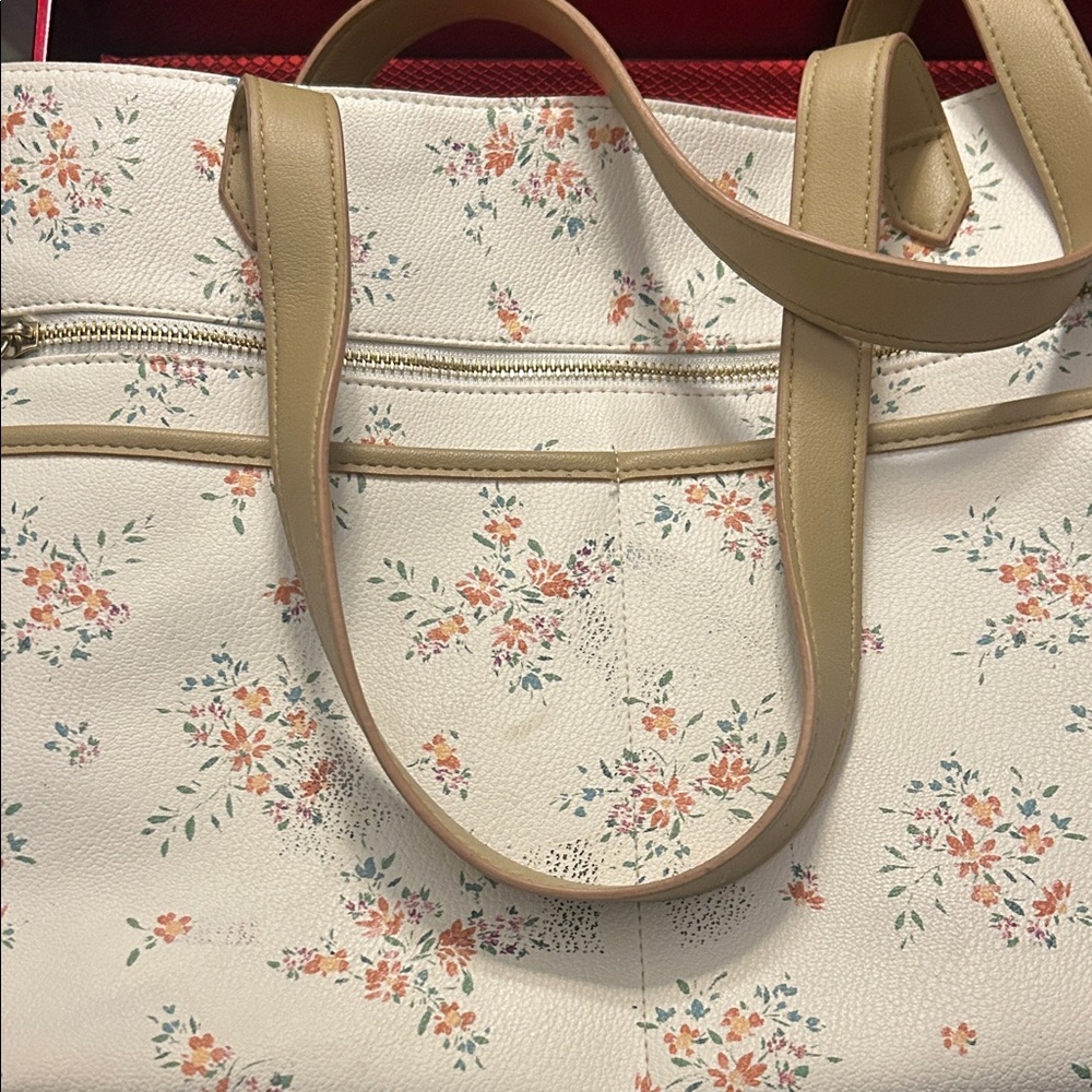 Floral Cream Tote Bag with Tan Accents